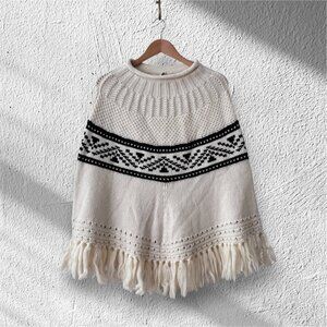 Faherty Fair Isle Fringe Trim Wool Poncho